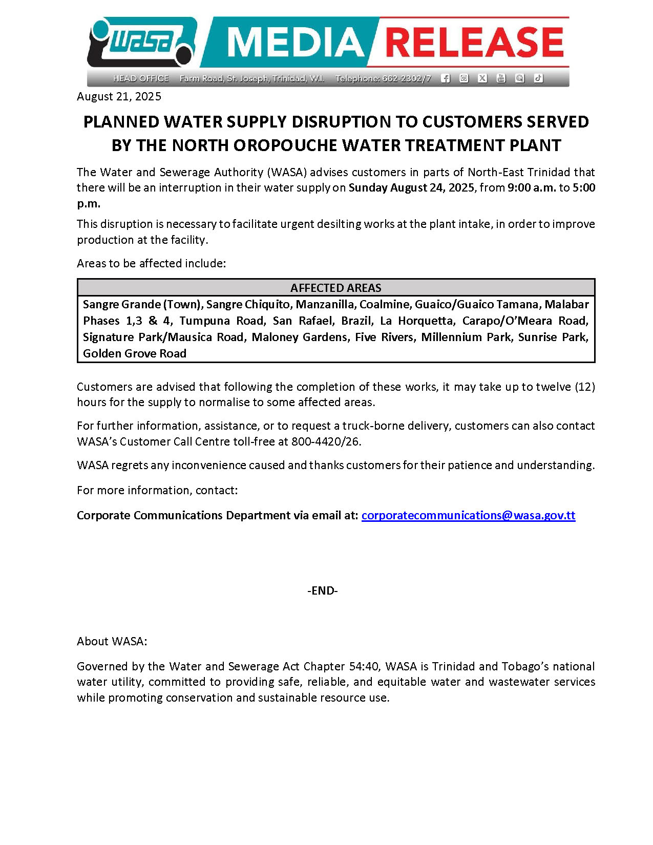 Planned disruption to customers served by the North Oropouche Water Treatment Plant